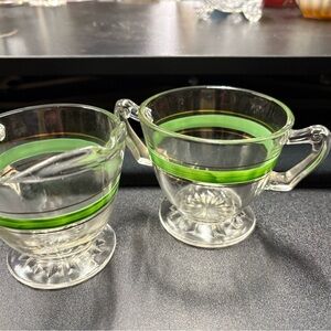 Vintage Clear Glass Creamer and Sugar Set with Green Banding